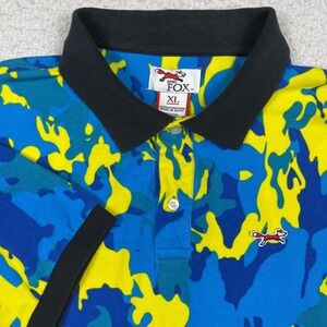 Retro Fox Polo Shirt Mens XL Blue Yellow Camo Short Sleeve Retro Streetwear